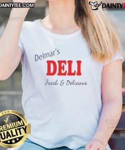 Good Peter Parker wearing Delmar's Deli fresh and delicious ladies tee, showcasing a stylish and casual look.