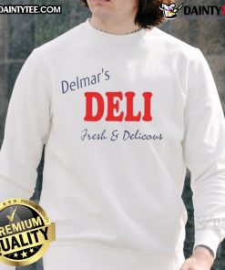 Good Peter Parker wearing Delmar's Deli fresh and delicious sweatshirt, showcasing a stylish and comfy look.