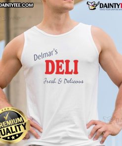 Good Peter Parker wearing a fresh and delicious Delmar's Deli tank top, showcasing a stylish summer look.