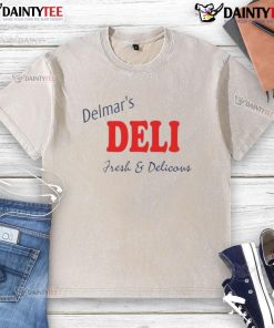 Alt Text: Good Peter Parker wearing Delmar's Deli fresh and delicious washed t-shirt, showcasing a stylish casual look.