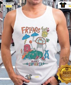 Colorful cartoon tank top featuring friends playing basketball, titled 'Good Planet Euphoria Friends Forever' design.
