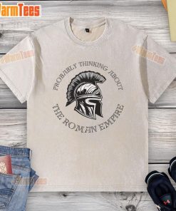 Man wearing a washed t-shirt with a Roman Empire helmet graphic, deep in thought about the Roman Empire.