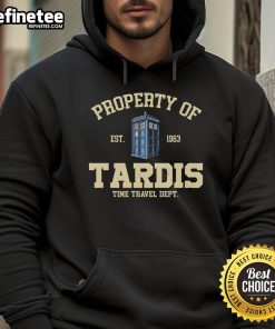 Good Property of TARDIS Time Travel Dept hoodie featuring a classic design for Doctor Who fans and time travel enthusiasts.