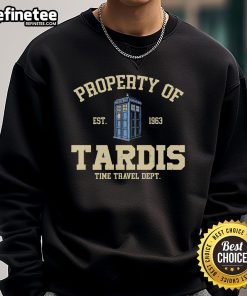Good Property of TARDIS Time Travel Dept sweatshirt featuring a vibrant design for fans of Doctor Who and time travel.
