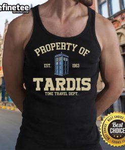 Good Property of TARDIS Time Travel Dept tank top featuring a bold design, perfect for Doctor Who fans and casual wear.