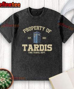 Good Property of Tardis Time Travel Dept washed t-shirt featuring a vintage design and vibrant colors for fans.