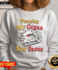 Alt Text: Funny cat meme sweatshirt featuring 'Good Pumping My Organ For Jesus' text, perfect for sarcastic religious humor.