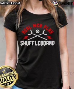 Good real men play shuffleboard in stylish ladies' tees, showcasing fun and camaraderie at the game.