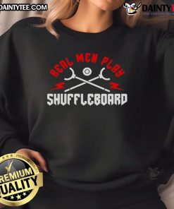 Good Real Men Play Shuffleboard Sweatshirt in navy blue, showcasing a fun shuffleboard graphic, perfect for shuffleboard enthusiasts.