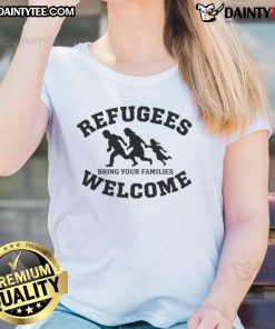 Silhouette of women wearing 'Good Refugees Welcome, Bring Your Families' tee. Support for refugees in stylish apparel.