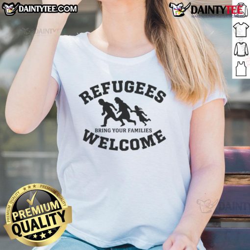 Silhouette of women wearing 'Good Refugees Welcome, Bring Your Families' tee. Support for refugees in stylish apparel.