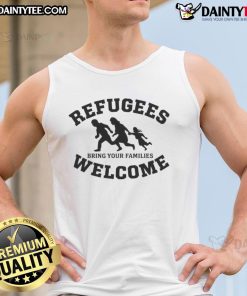 Silhouette of a person wearing a 'Good Refugees Welcome' tank top, promoting inclusivity and family unity.
