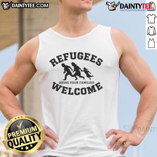 Silhouette of a person wearing a 'Good Refugees Welcome' tank top, promoting inclusivity and family unity.