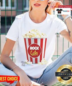 Good Rock Corn Popcorn Ladies Tee featuring a fun popcorn graphic, perfect for movie nights and casual wear.