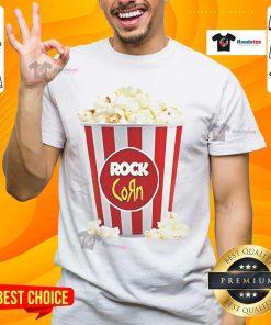 Good Rock Corn Popcorn T-Shirt featuring a fun popcorn graphic, perfect for movie nights and popcorn lovers.