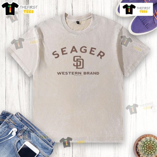 Good Seager X Padres Western Brand logo washed t-shirt featuring a stylish design for baseball fans.