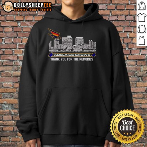 Alt Text: Adelaide Crows 'Thank You For The Memories' hoodie in front of a vibrant skyline, showcasing team spirit and style.