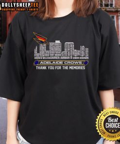Adelaide Crows Ladies Tee featuring 'Thank You For The Memories' with a vibrant skyline backdrop.