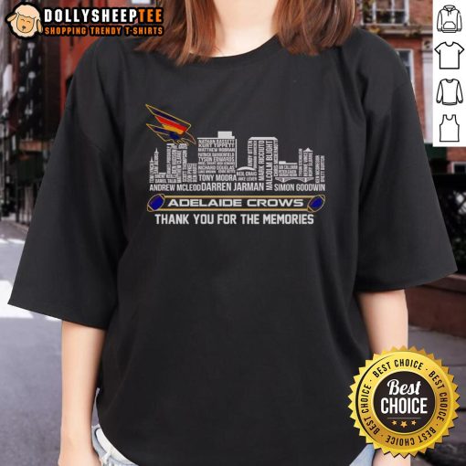 Adelaide Crows Ladies Tee featuring 'Thank You For The Memories' with a vibrant skyline backdrop.
