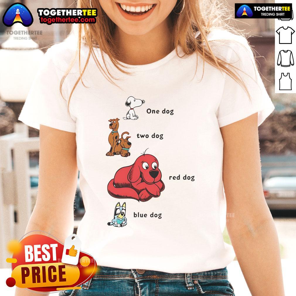 Good Snoopy 1 Dog 2 Dog Red Dog Blue Dog Ladies Tee Good Snoopy tee featuring a red and blue dog design, perfect for dog lovers and casual wear enthusiasts.