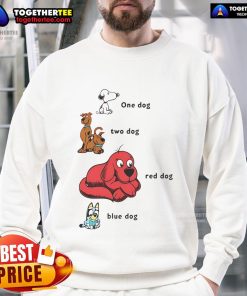 Alt Text: Good Snoopy sweatshirt featuring a red and blue dog design, perfect for dog lovers and casual wear.