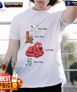 Good Snoopy 1 Dog 2 Dog T-Shirt featuring red and blue dog designs, perfect for dog lovers and casual wear.