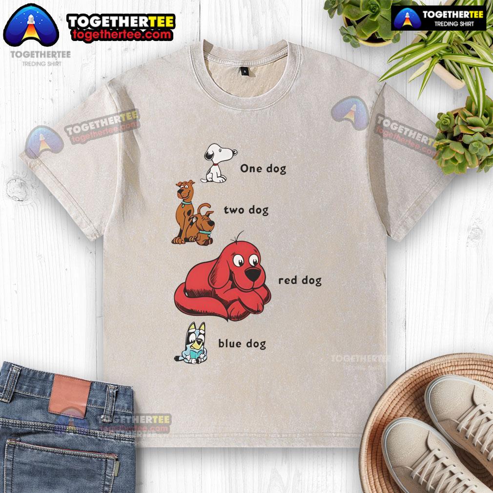 Good Snoopy 1 Dog 2 Dog Red Dog Blue Dog Washed T Shirt Good Snoopy dog in a red and blue washed t-shirt, showcasing adorable playful vibes of two happy dogs.