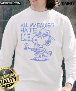 Good Snoopy All My Dawgs Hate I.C.E. sweatshirt featuring a playful Snoopy design, perfect for casual wear.