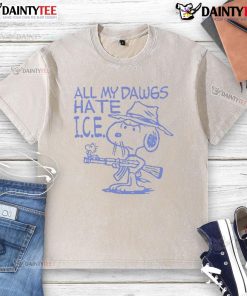 Good Snoopy All My Dawgs Hate I.C.E. washed t-shirt featuring a playful Snoopy graphic, perfect for casual wear.