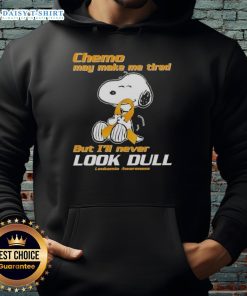Cheerful Snoopy wearing a leukemia awareness hoodie, showcasing positivity in chemo despite fatigue.