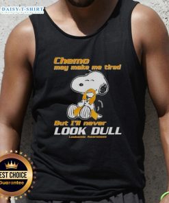 Cheerful woman wearing a leukemia awareness tank top featuring Snoopy, promoting positivity during chemo fatigue.