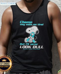 Cheerful woman in a tank top with Snoopy design, promoting Ovarian Cancer Awareness, despite feeling tired from chemo.