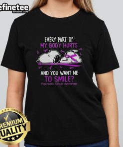 Good Snoopy tee for pancreatic cancer awareness, featuring a humorous design about pain and smiling despite challenges.