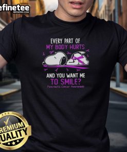 Good Snoopy pancreatic cancer awareness t-shirt showcasing design about pain and resilience with a smile.
