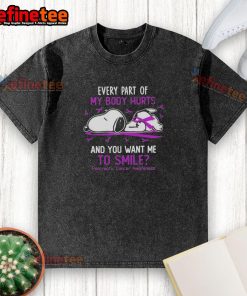 Alt Text: Good Snoopy shirt for pancreatic cancer awareness, featuring Snoopy and text about body pain and smiling.