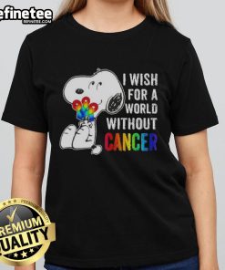 Good Snoopy I Wish For A World Without Cancer Ladies Tee featuring Snoopy in a supportive message against cancer.
