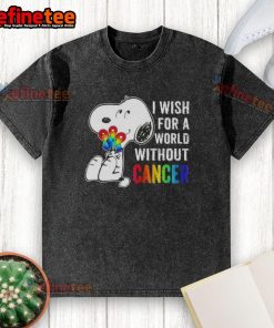 Good Snoopy I Wish For A World Without Cancer washed t-shirt featuring a colorful Snoopy graphic promoting cancer awareness.