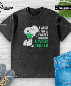 Good Snoopy I Wish For A World Without Liver Cancer washed t-shirt featuring a playful Snoopy design promoting cancer awareness.
