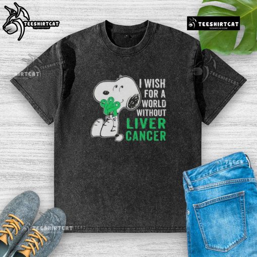 Good Snoopy I Wish For A World Without Liver Cancer washed t-shirt featuring a playful Snoopy design promoting cancer awareness.