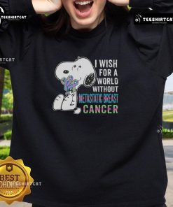 Good Snoopy sweatshirt wishing for a world without metastatic breast cancer, promoting awareness and support for the cause.