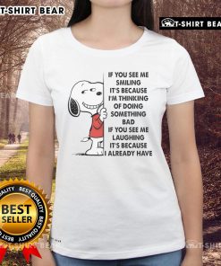 Good Snoopy tee for ladies featuring a playful quote about mischief and smiling, perfect for casual wear.
