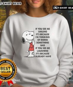 Alt Text: Good Snoopy sweatshirt with playful quote about mischief, perfect for fans of Charlie Brown and Peanuts humor.