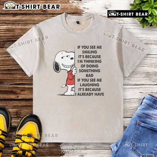 Alt Text: Good Snoopy t-shirt featuring a playful quote about mischief, perfect for casual wear and fans of Peanuts.