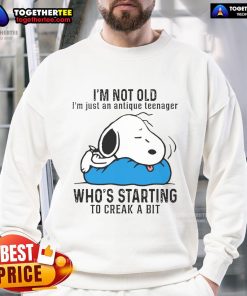 Funny Snoopy sweatshirt with 'I'm not old, I'm just an antique teenager' design, perfect for vintage style lovers.