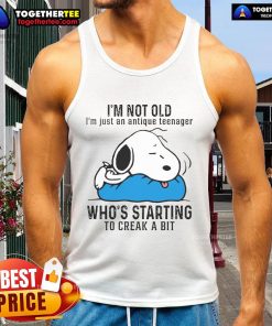 Funny tank top featuring Snoopy with the phrase 'Not Old, Just an Antique Teenager' for vintage humor lovers.