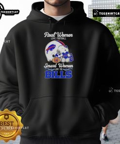 Alt Text: Good Snoopy hoodie for women: 'Real Women Love Football, Smart Women Love the Buffalo Bills' design.