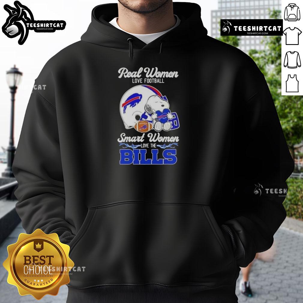 Good Snoopy Real Women Love Football Smart Women Love The Buffalo Bills Hoodie Alt Text: Good Snoopy hoodie for women: 'Real Women Love Football, Smart Women Love the Buffalo Bills' design.