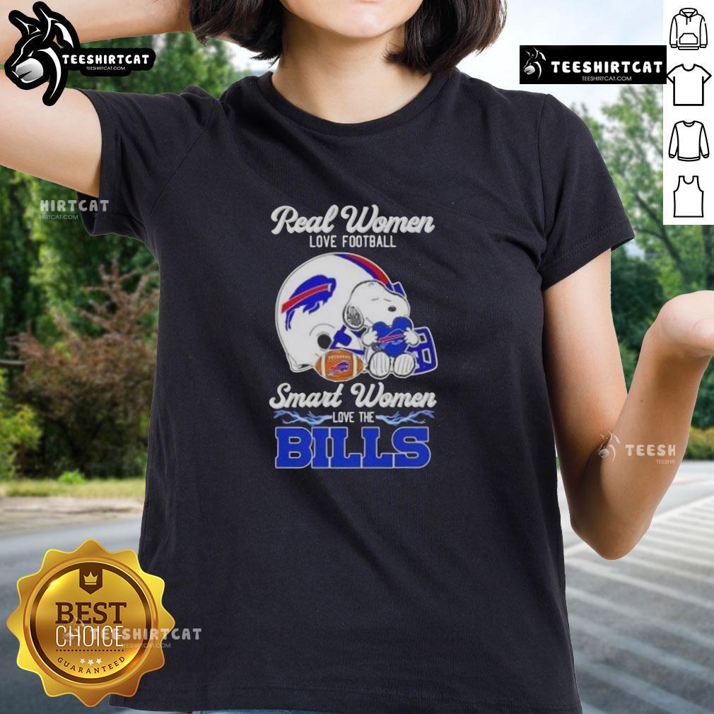 Good Snoopy Real Women Love Football Smart Women Love The Buffalo Bills Ladies-Tee Good Snoopy t-shirt design for women featuring 'Real Women Love Football, Smart Women Love the Buffalo Bills' slogan.