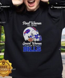 Good Snoopy sweatshirt for women featuring 'Real Women Love Football, Smart Women Love the Buffalo Bills' design.