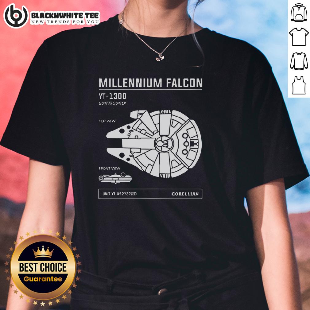 Good Star Wars Millennium Falcon Yt 1300 Light Freighter Ladies Tee Good Star Wars Millennium Falcon YT-1300 light freighter ladies tee featuring iconic spaceship design for fans.